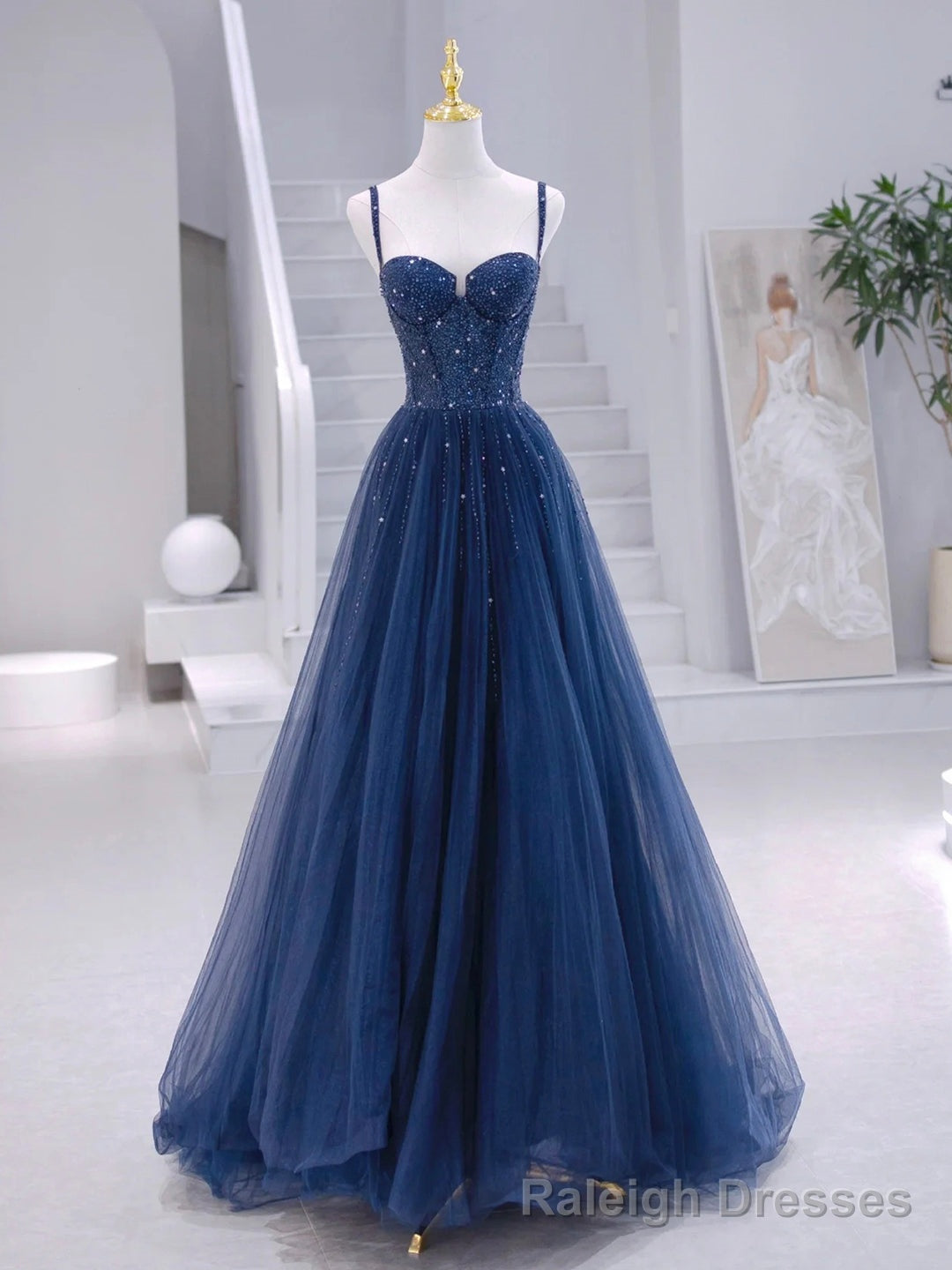 Blue Tulle Beaded Long Formal Dress, Blue Prom Dress
