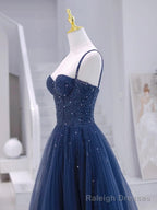 Blue Tulle Beaded Long Formal Dress, Blue Prom Dress