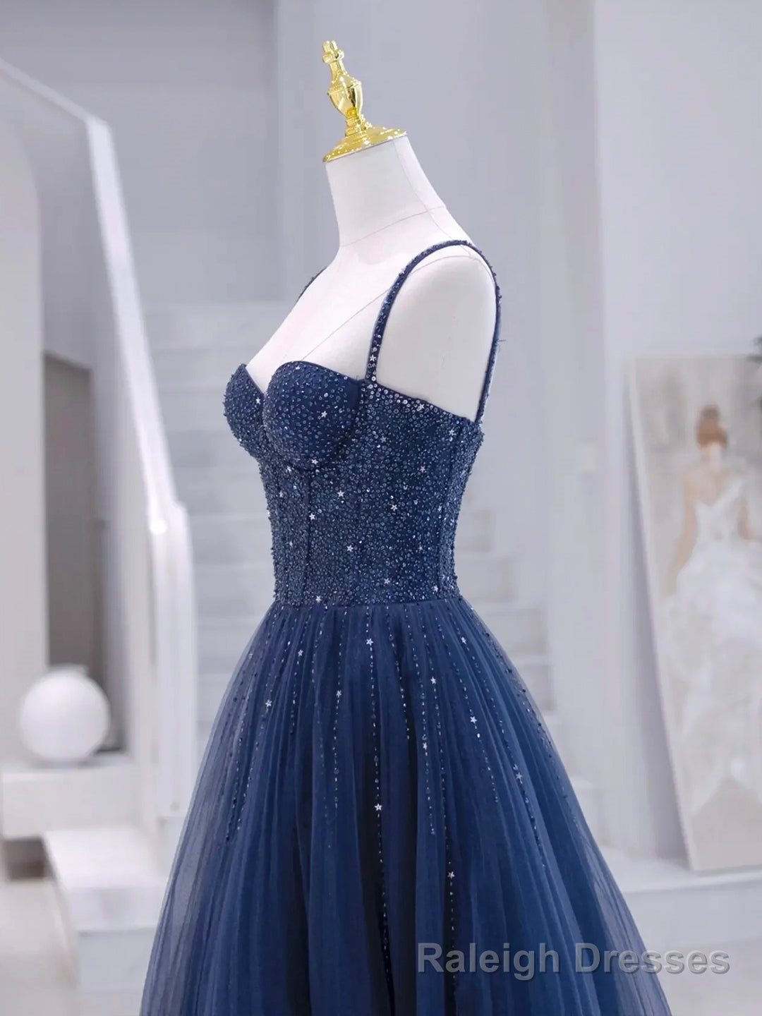 Blue Tulle Beaded Long Formal Dress, Blue Prom Dress