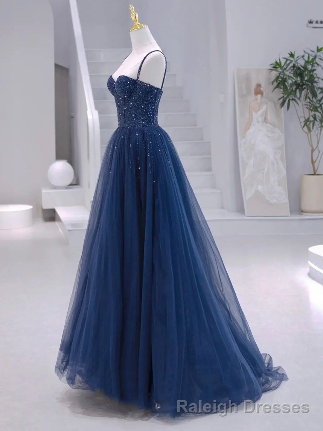 Blue Tulle Beaded Long Formal Dress, Blue Prom Dress Secondary image