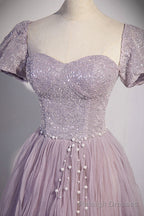 Purple Tulle Sequins Floor Length Prom Dress, A-Line Evening Party Dress