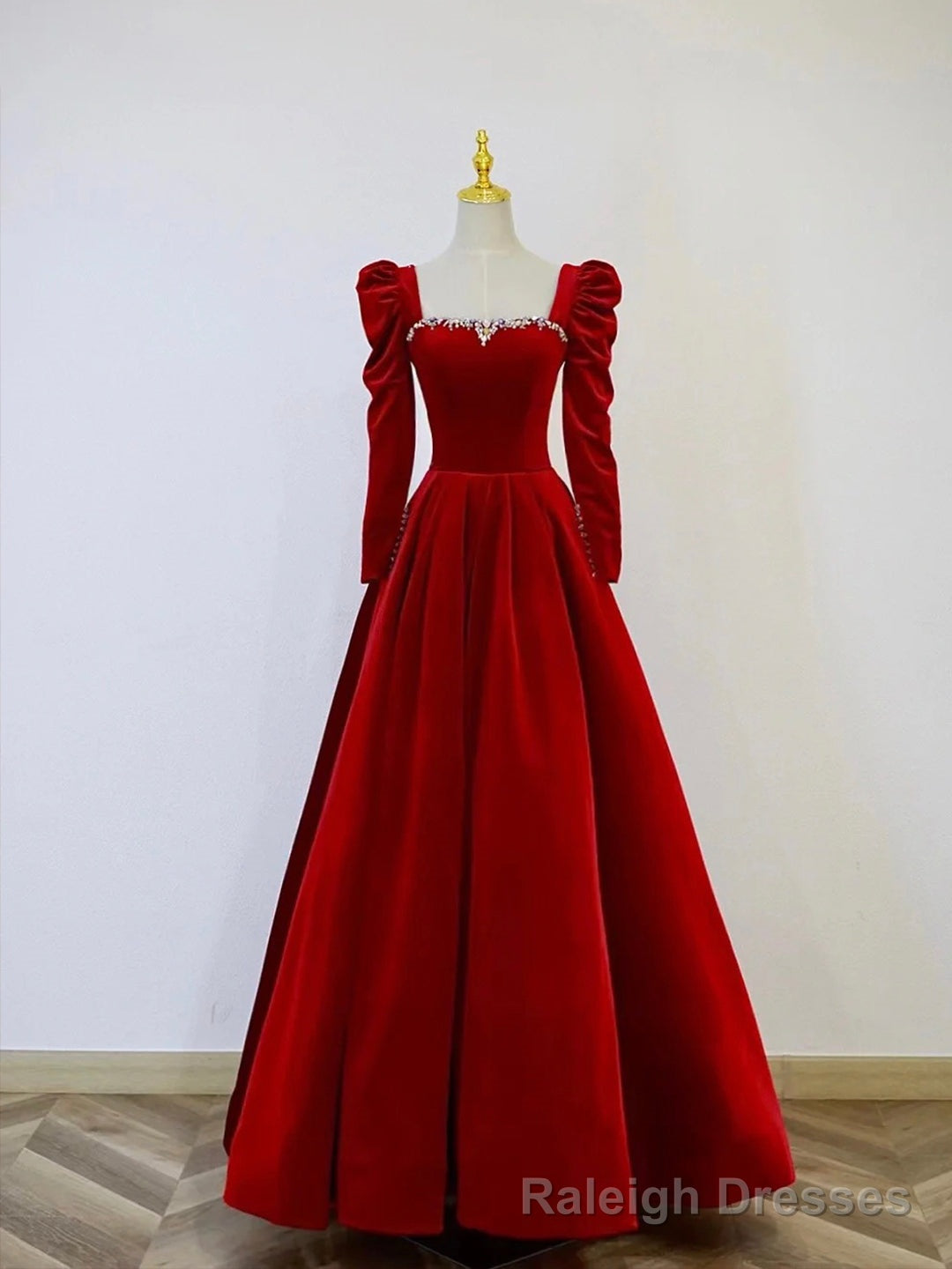 A Line Long Sleeve Velvet Floor Length Prom Dress, Burgundy Formal Prom Dress Main image