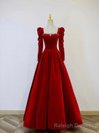 A Line Long Sleeve Velvet Floor Length Prom Dress, Burgundy Formal Prom Dress