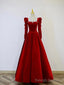 A-Line Long Sleeve Velvet Floor Length Prom Dress, Burgundy Formal Evening Dress