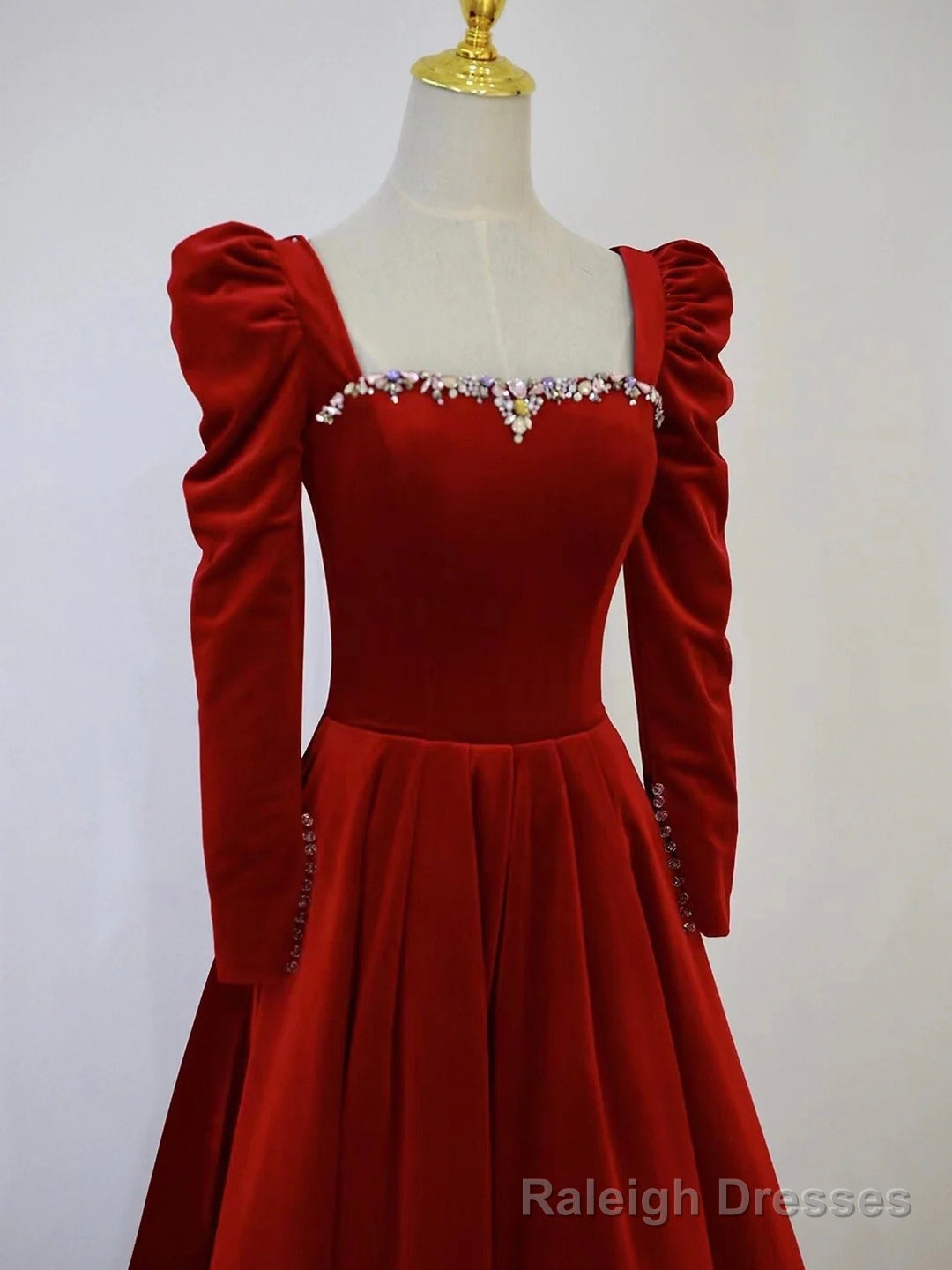 A-Line Long Sleeve Velvet Floor Length Prom Dress, Burgundy Formal Evening Dress Secondary image