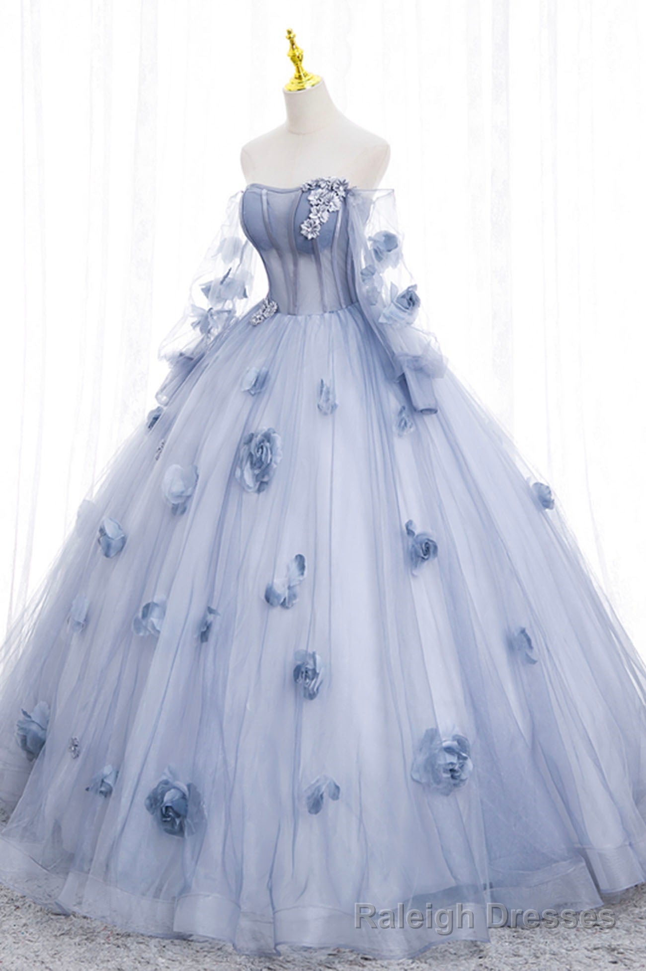 Blue Tulle Long Sleeve Prom Dress, A-Line Off the Shoulder Evening Gown Main image