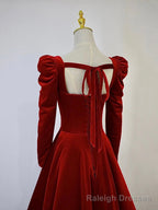 A-Line Long Sleeve Velvet Floor Length Prom Dress, Burgundy Formal Evening Dress