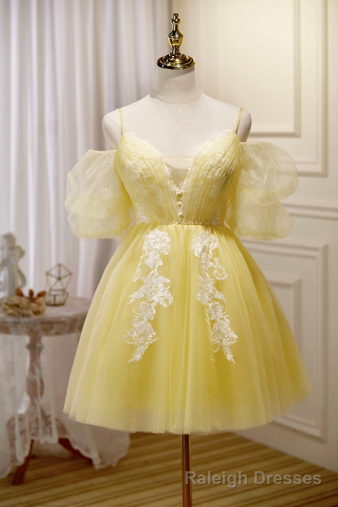 Yellow Lace Short Prom Dress, Off the Shoulder Homecoming Dress Main image