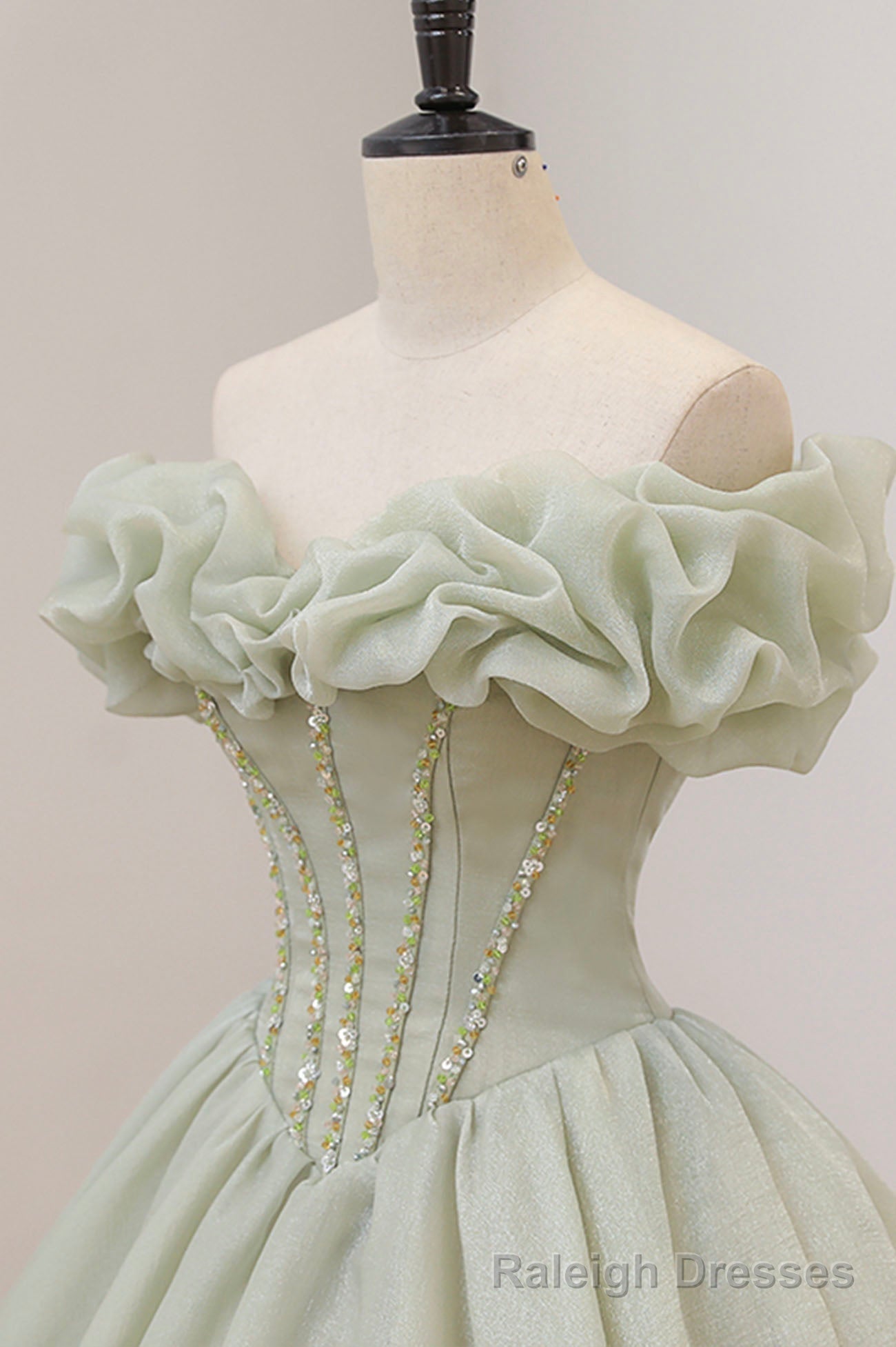 Green Ball Gown, A-Line Off the Shoulder Evening Gown with Beaded