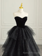 Black Strapless Tulle Formal Dress with Velvet, A-Line Sweetheart Neck Long Prom Dress
