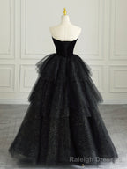 Black Strapless Tulle Formal Dress with Velvet, A-Line Sweetheart Neck Long Prom Dress