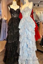 Off the Shoulder Light Blue Appliques Tiered Prom Gown