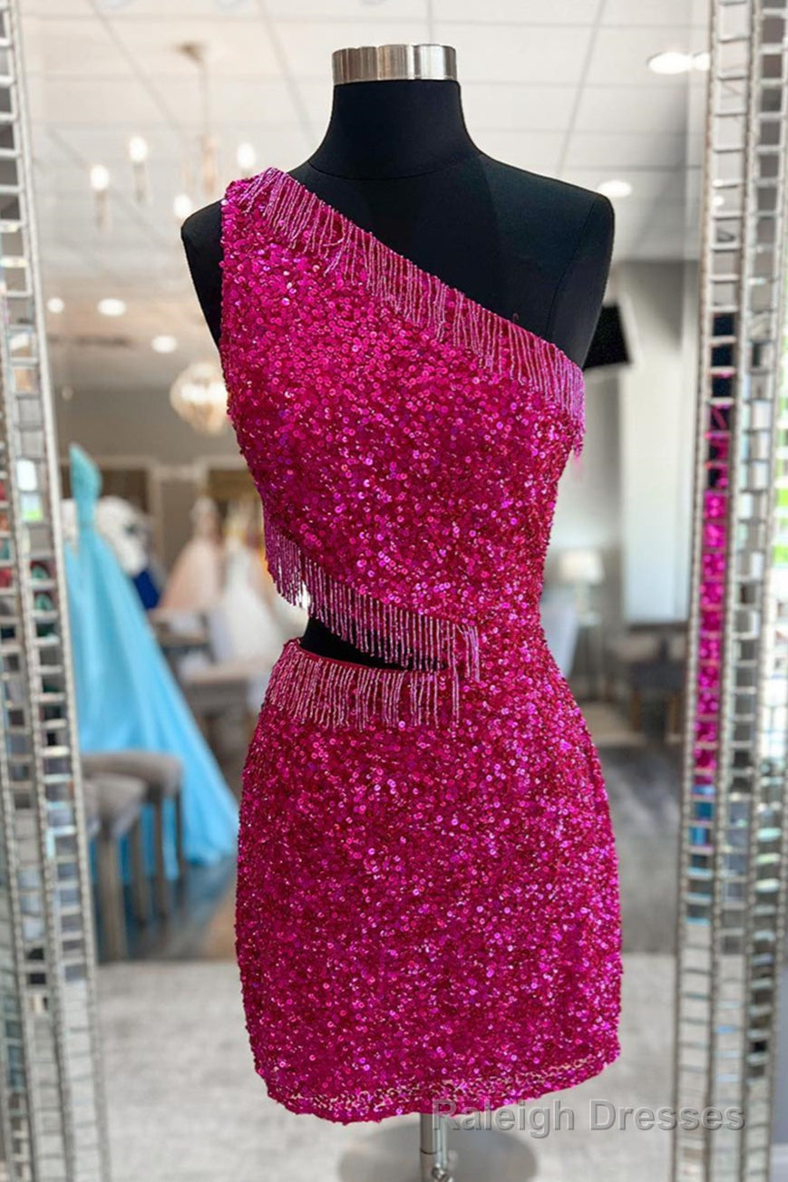 Fuchsia One Shoulder Sequins Lace-Up Sheath Homecoming Dress with Tassels Main image