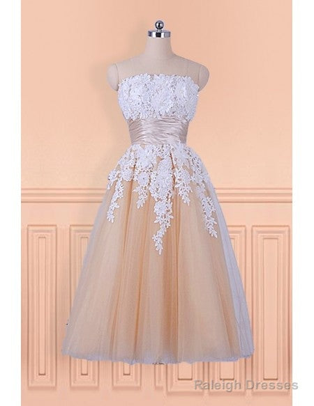 Lace Appliques Champagne Strapless Tea Length Wedding Dress Main image