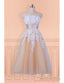Lace Appliques Champagne Strapless Tea Length Wedding Dresses