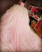 Lace Appliques High Neck Long Sleeves Ball Gown Wedding Dress Pink