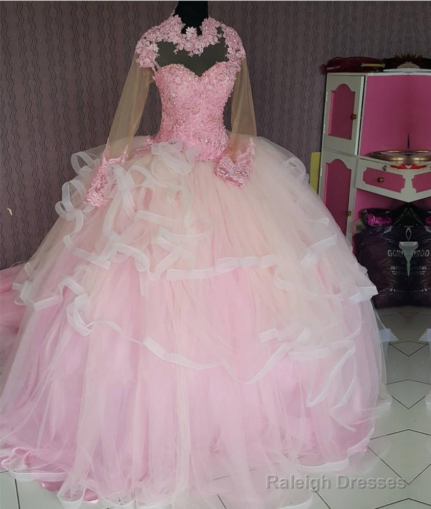 Lace Appliques High Neck Long Sleeves Ball Gown Wedding Dress Pink