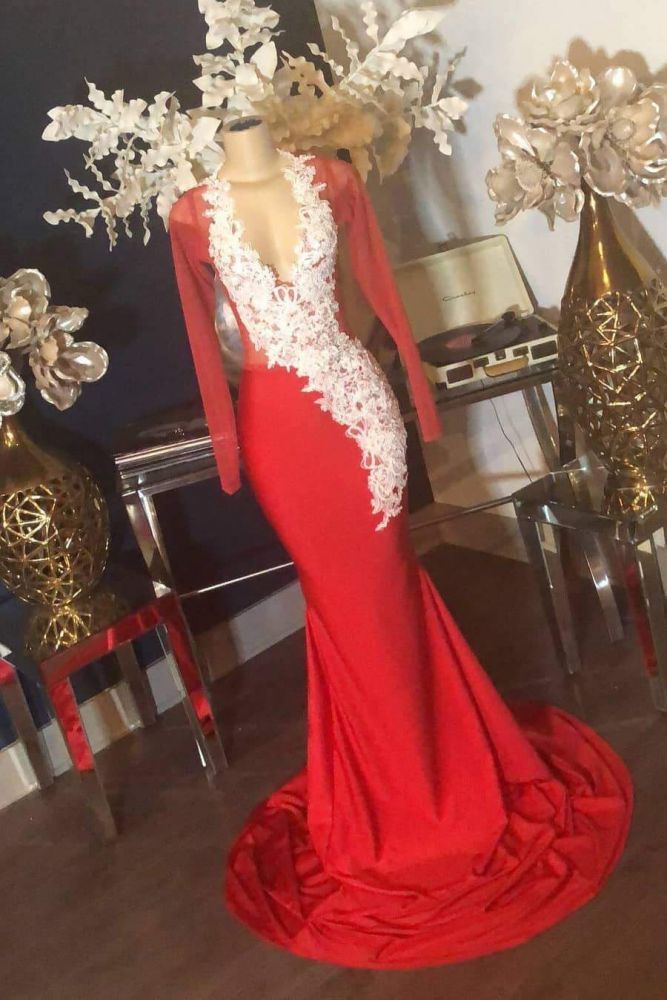 Lace Appliques Long Sleevess Illusion Neckline Red Mermaid Prom Dresses Main image