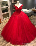 Lace Appliques V-Neck Off The Shoulder Tulle Ball Gowns Wedding Dresses