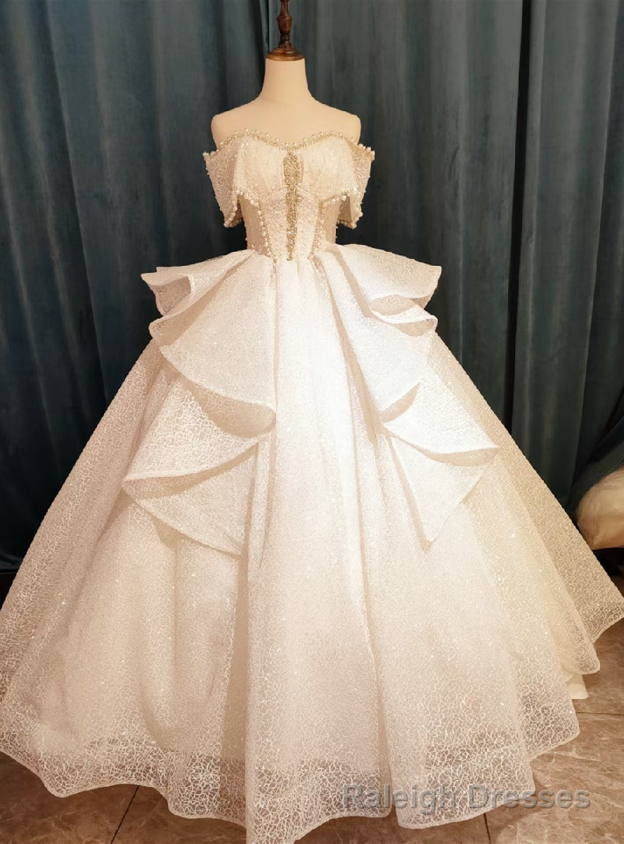 Lace Ball Gown Off the Shoulder Pearls Wedding Dress Main image