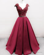 Lace Beaded Cap Sleeves Ball Gown Satin Dresses Beaded Sashes