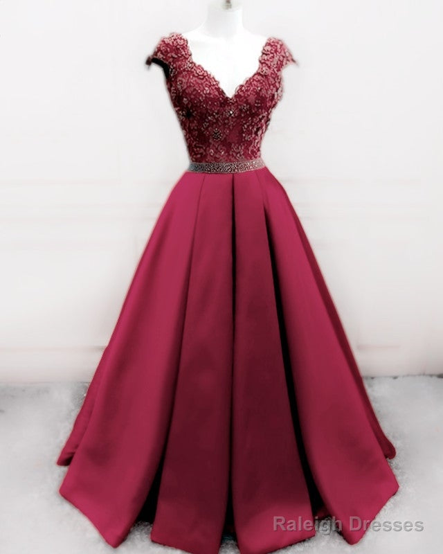 Lace Beaded Cap Sleeves Ball Gown Satin Dresses Beaded Sashes