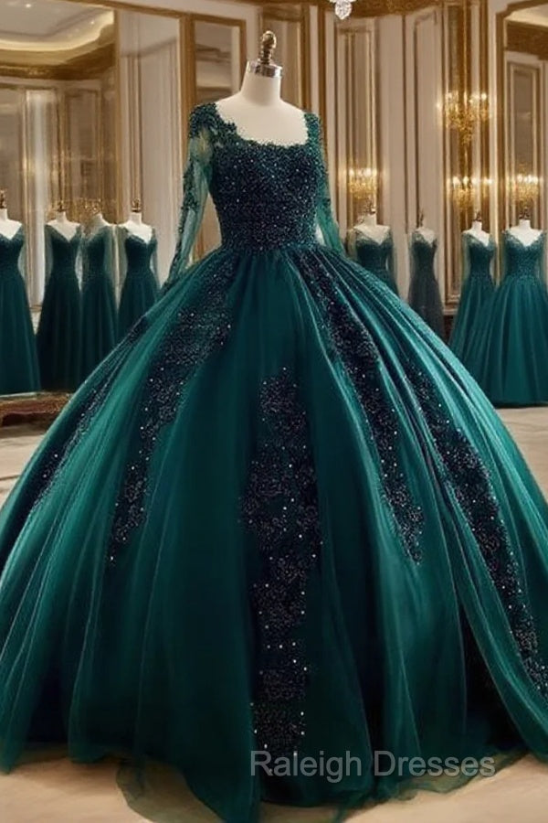 Lace Beaded Green Ball Gown Quinceanera Dress Long Sleeves Graduation Dresses Main image