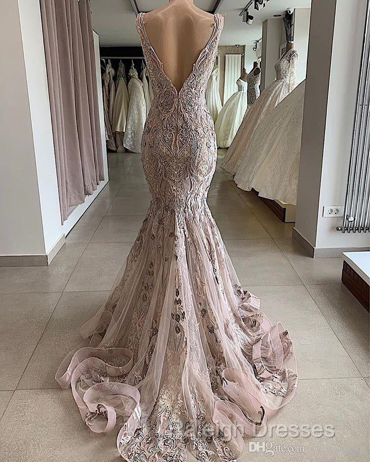 Lace Beaded Sexy African Dubai Evening Dresses Mermaid Backless Prom Dresses Deep V-Neck Formal Party Bridesmaid Pageant Gowns