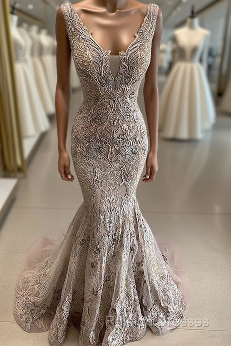 Lace Beaded Sexy African Dubai Evening Dresses Mermaid Backless Prom Dresses Deep V-Neck Formal Party Bridesmaid Pageant Gowns Main image