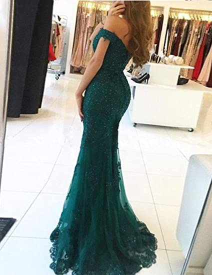 Lace Beaded Tulle Maxi Prom Dresses Off The Shoulder Mermaid Prom Dresses Secondary image