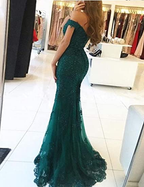 Lace Beaded Tulle Maxi Prom Dresses Off The Shoulder Mermaid Prom Dresses
