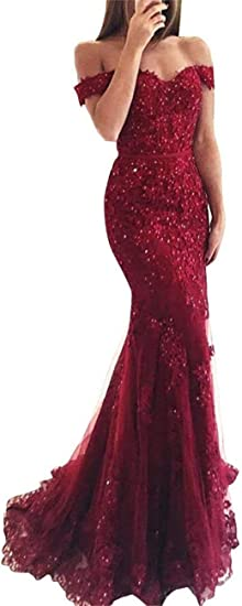 Lace Beaded Tulle Maxi Prom Dresses Off The Shoulder Mermaid Prom Dresses