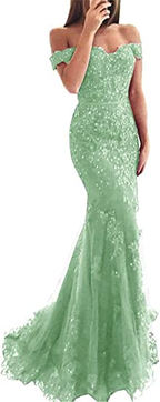 Lace Beaded Tulle Maxi Prom Dresses Off The Shoulder Mermaid Prom Dresses