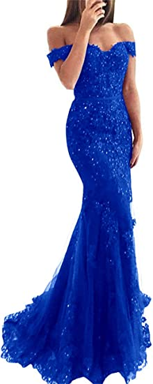 Lace Beaded Tulle Maxi Prom Dresses Off The Shoulder Mermaid Prom Dresses