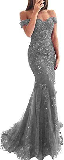 Lace Beaded Tulle Maxi Prom Dresses Off The Shoulder Mermaid Prom Dresses