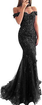 Lace Beaded Tulle Maxi Prom Dresses Off The Shoulder Mermaid Prom Dresses