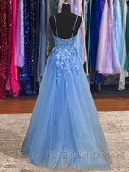 Lace Blue Prom Dresses V Neck Long Formal Dresses Open Back