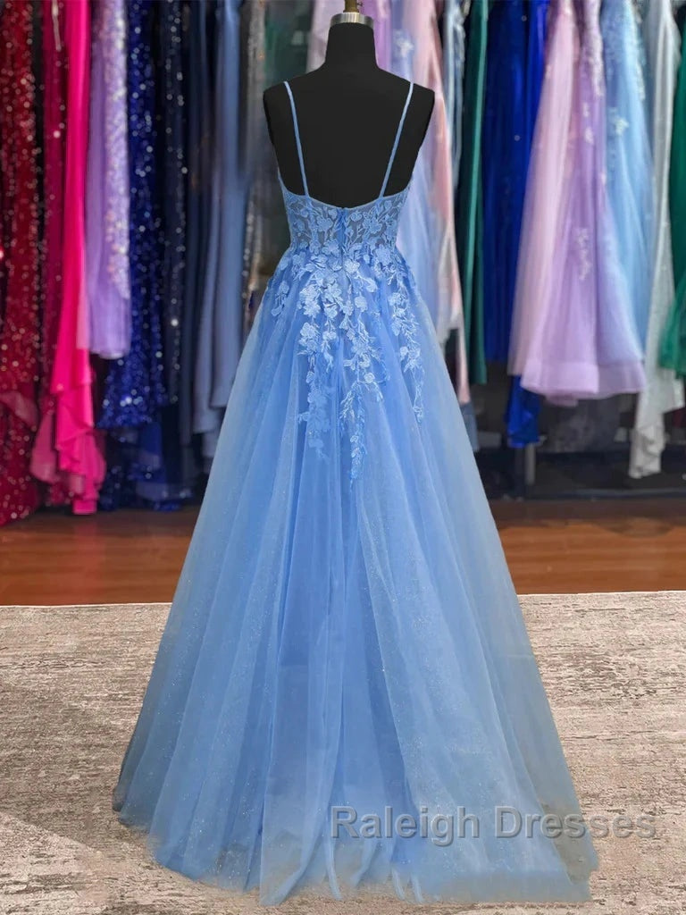Lace Blue Prom Dresses V Neck Long Formal Dresses Open Back