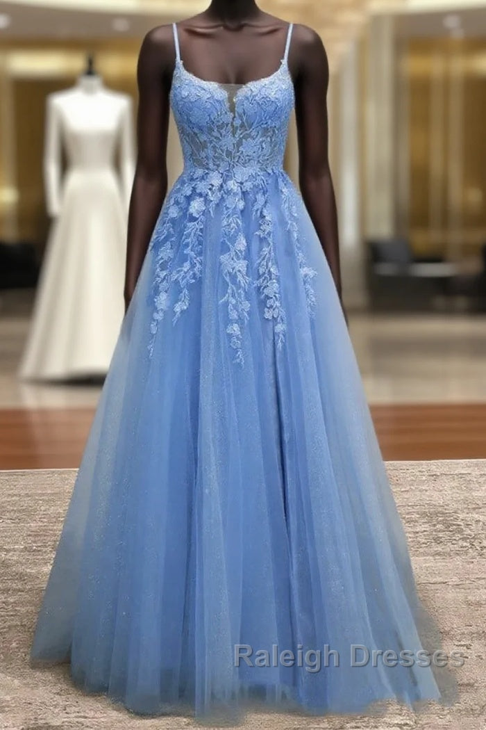 Lace Blue Prom Dresses V Neck Long Formal Dresses Open Back Main image