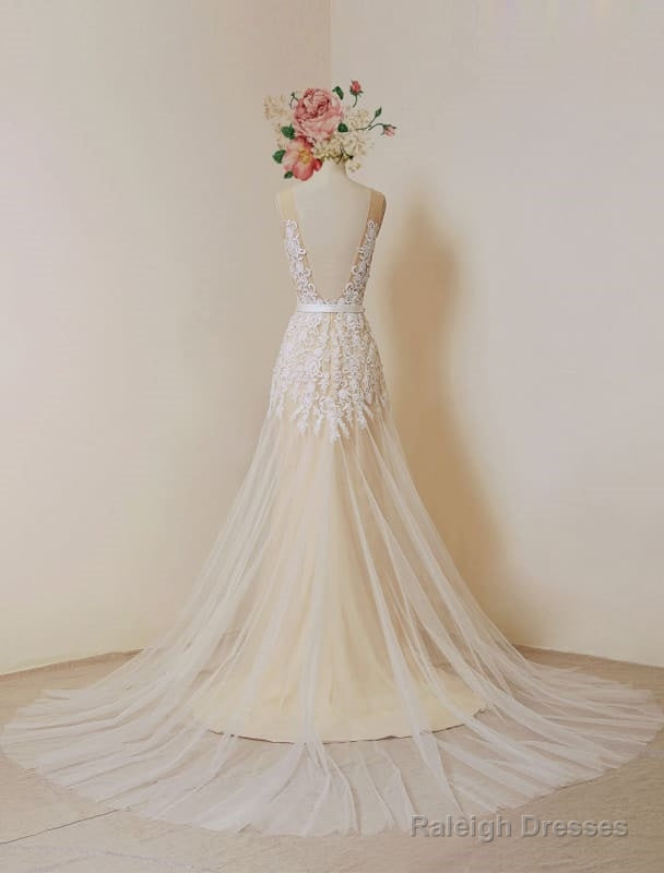Lace Boho Wedding Dresses Fleshcolor Tulle Bridal Gowns Backless A-Line Court Train Beach Wedding Dresses With Detachable Satin Sash Secondary image