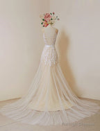Lace Boho Wedding Dresses Fleshcolor Tulle Bridal Gowns Backless A-Line Court Train Beach Wedding Dresses With Detachable Satin Sash