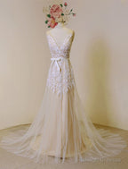 Lace Boho Wedding Dresses Fleshcolor Tulle Bridal Gowns Backless A-Line Court Train Beach Wedding Dresses With Detachable Satin Sash