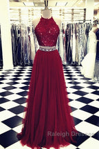 Lace Crop Top Tulle Prom Dress Two Piece Prom Gowns Beaded Sashes