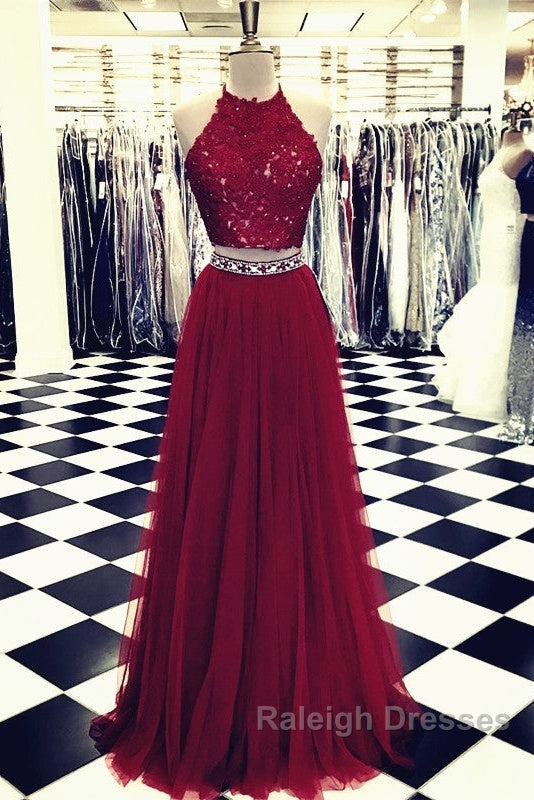 Lace Crop Top Tulle Prom Dress Two Piece Prom Gowns Beaded Sashes