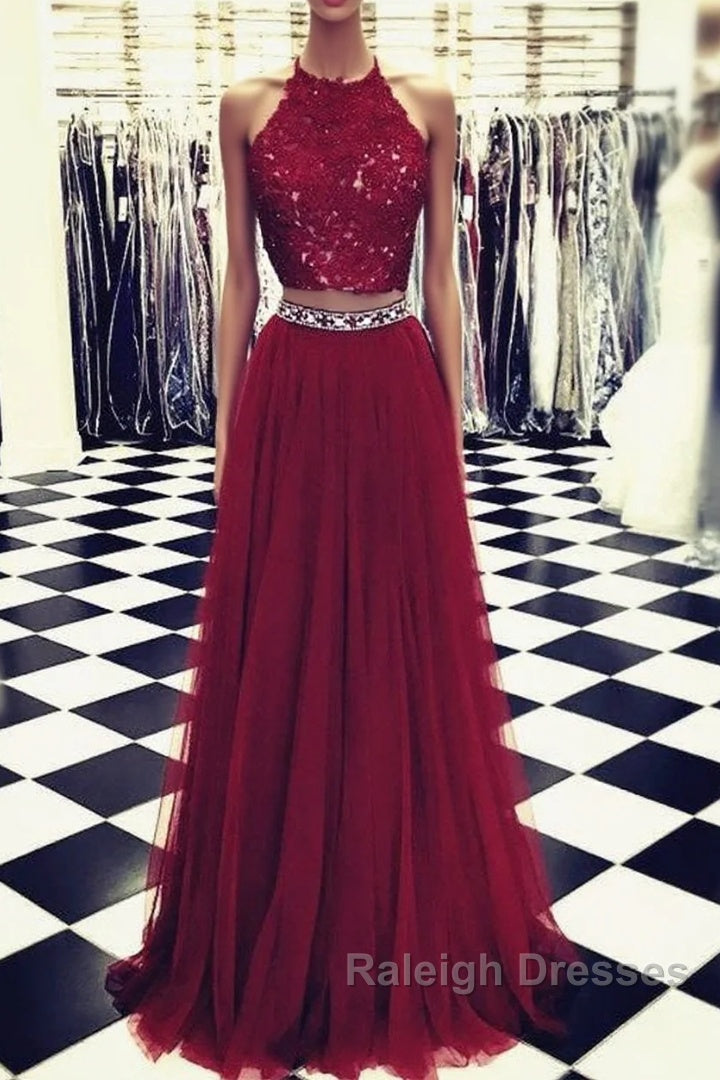Lace Crop Top Tulle Prom Dresses Two Piece Evening Gowns Beaded Sashes