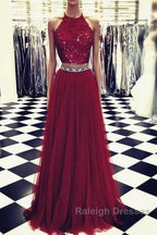 Lace Crop Top Tulle Prom Dress Two Piece Prom Gowns Beaded Sashes