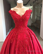 Lace Embroidery Beaded V-Neck Satin Ball Gown Prom Dress