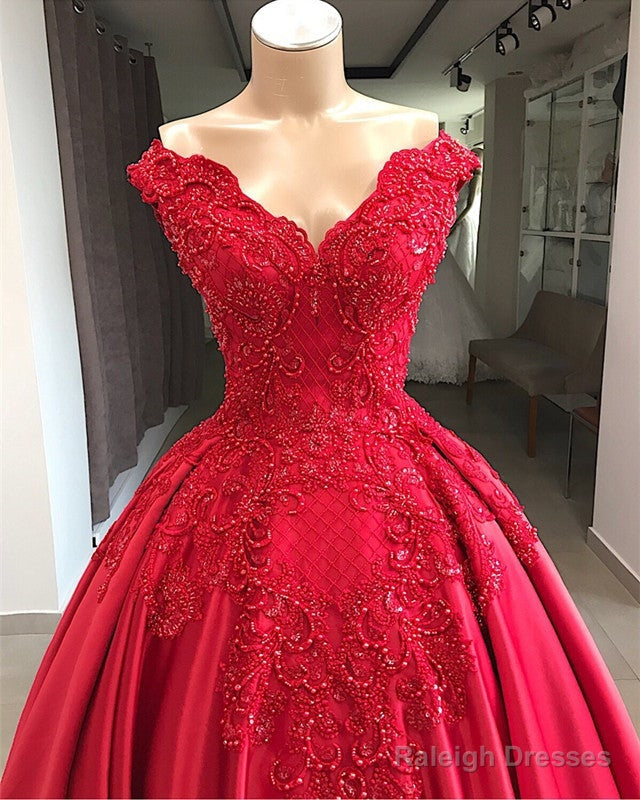 Lace Embroidery Beaded V-Neck Satin Ball Gowns Prom Dresses