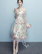 Lace Floral Elegant 1/2 Sleeves Knee Length Round Neckline Prom Dresses Homecoming Dresses Prom Dresses