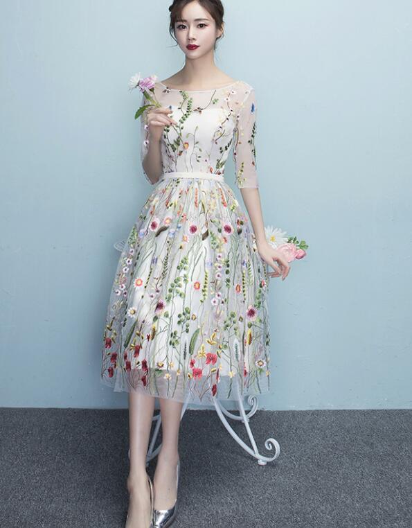 Lace Floral Elegant 1/2 Sleeves Knee Length Round Neckline Prom Dresses Homecoming Dresses Prom Dresses